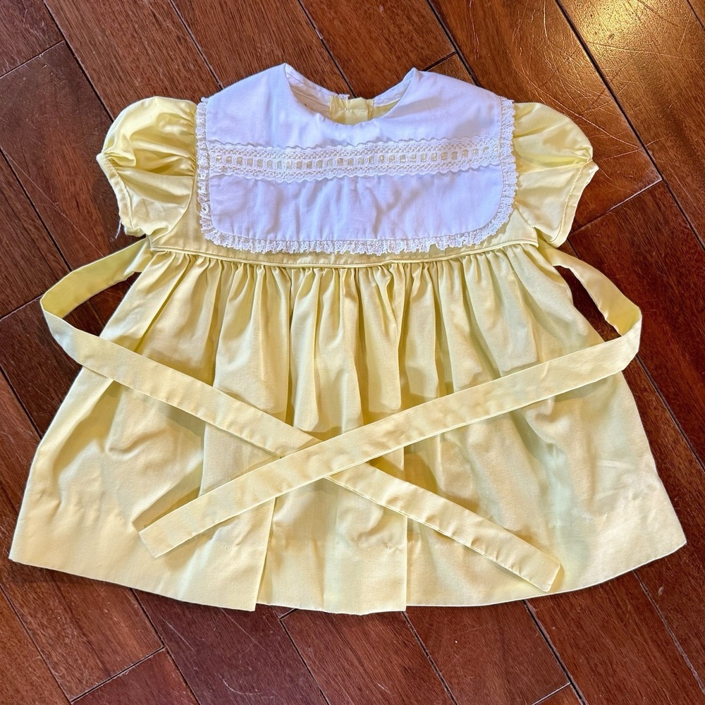 VTG 60s MCM Yellow White Lace Ribbon Bib Collar Bow Ties Baby Girl Dress Sz 6-12